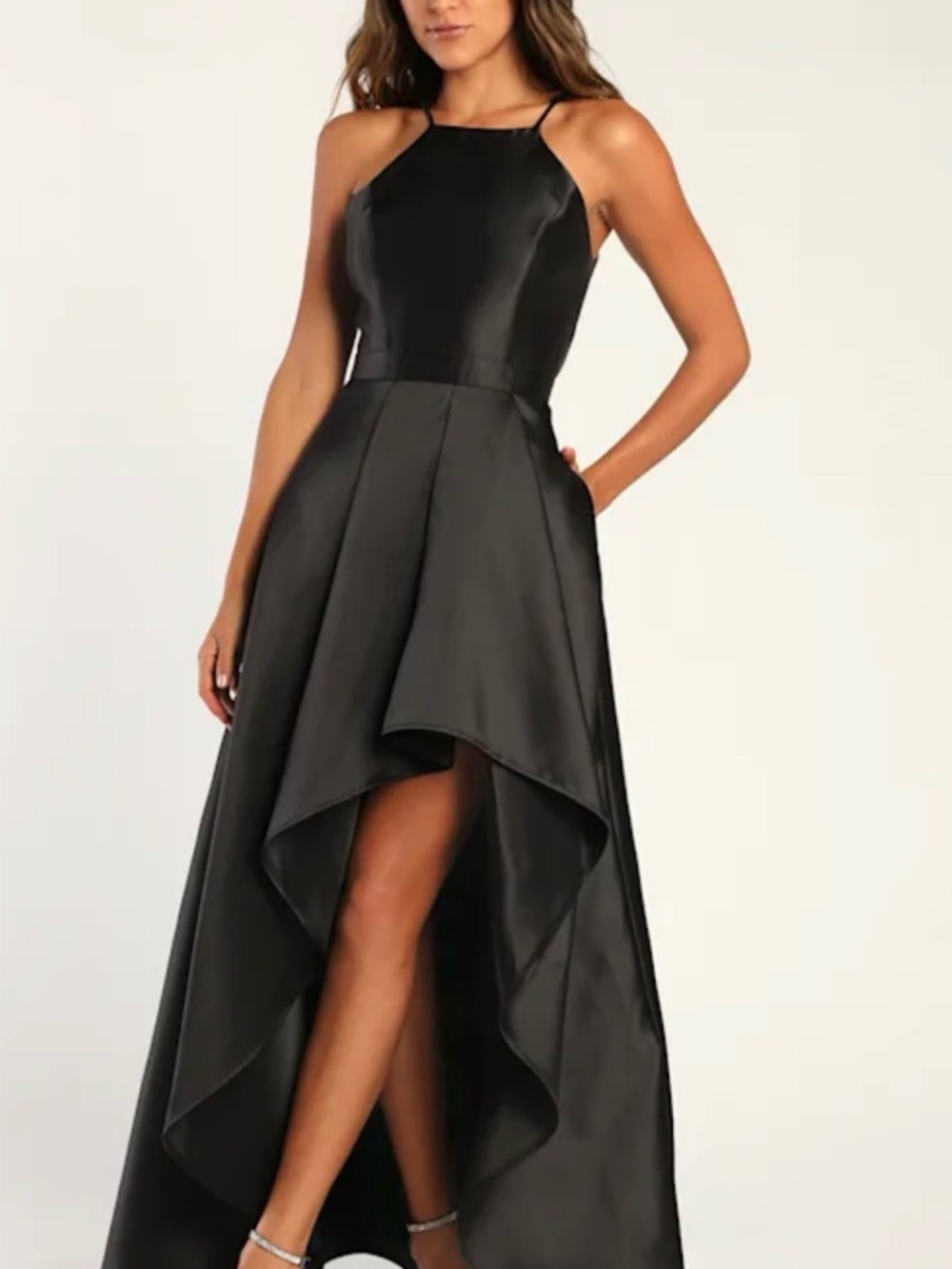 Lulus Elegant Black High-Low Satin and Chiffon Evening Gown Large